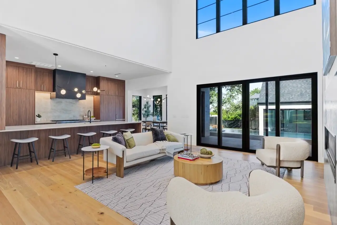 Double-height great room window wall at the 3805 Rockledge residence