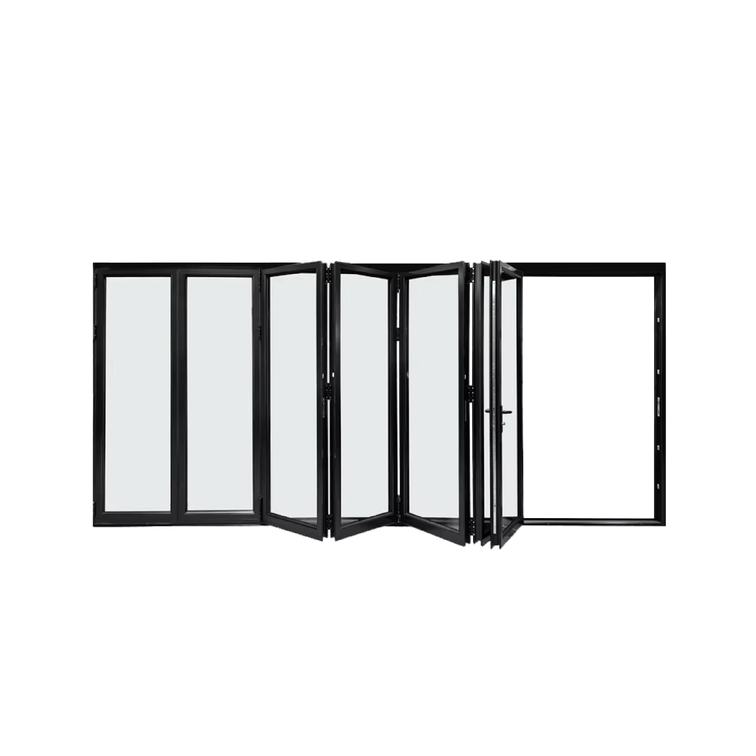 Black aluminum bi-fold door with the panels partly folded back