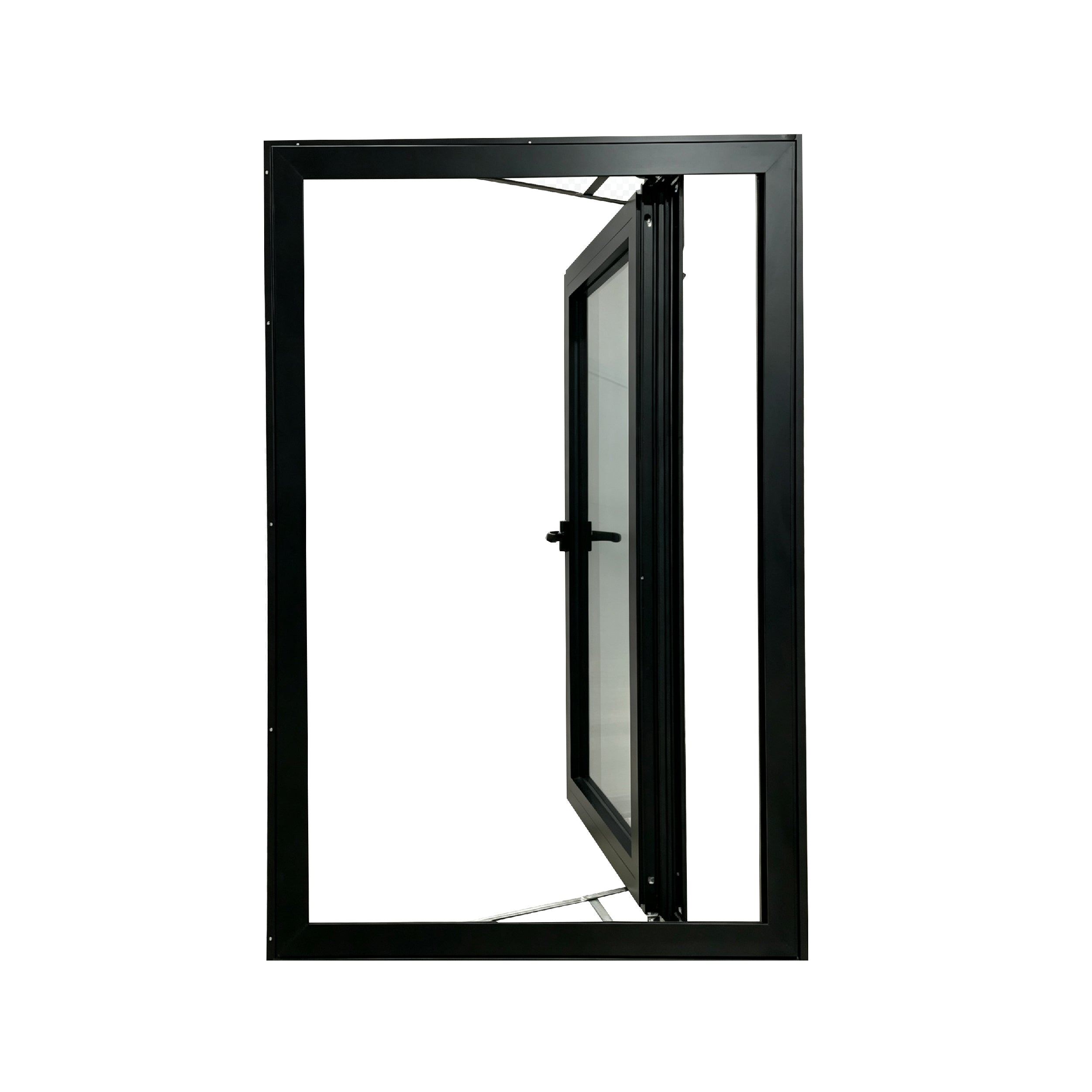 Black aluminum push-out casement window with the sash open on its stays