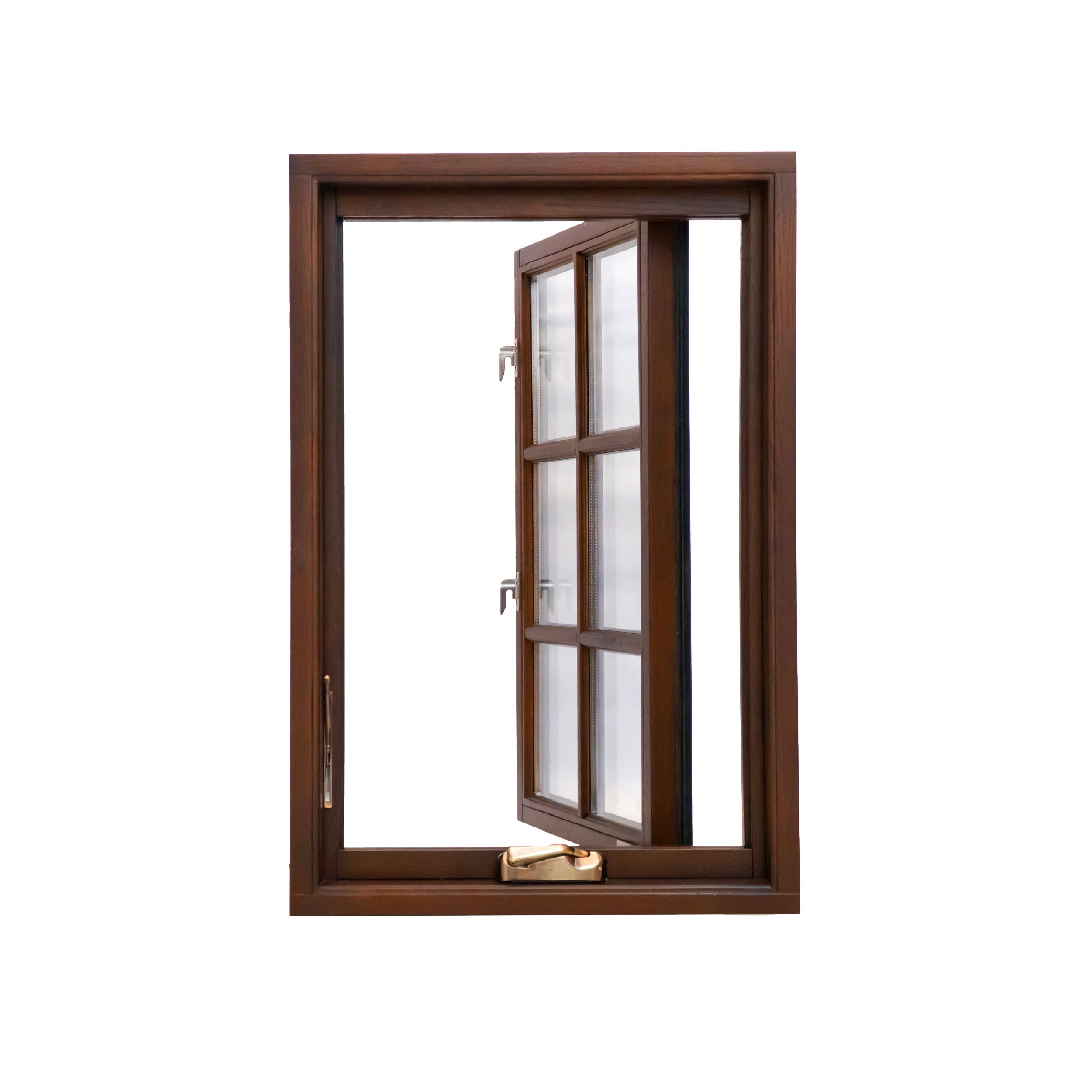Wood-clad crank-out casement window with the sash open