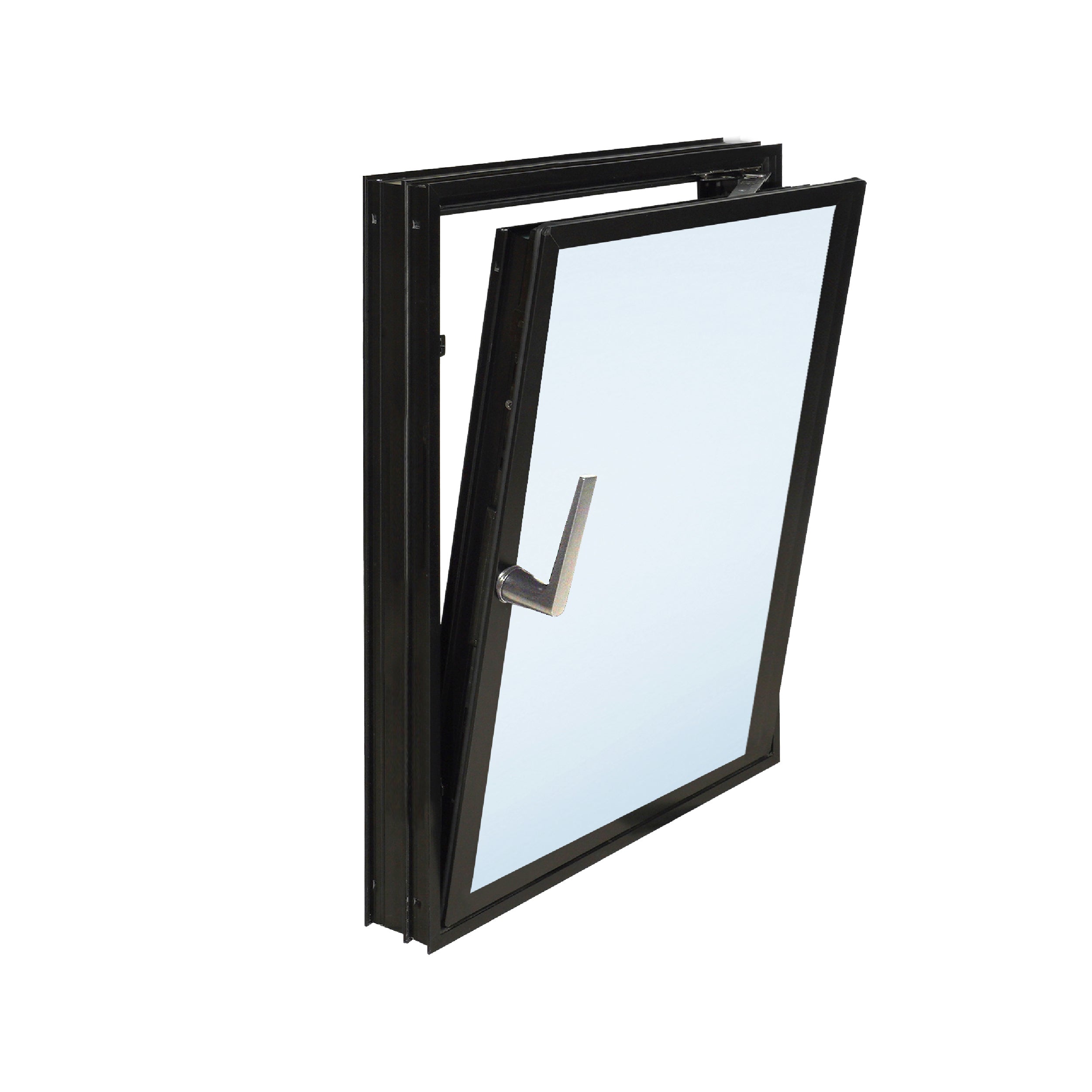 Black tilt and turn window with the sash tilted in at the top